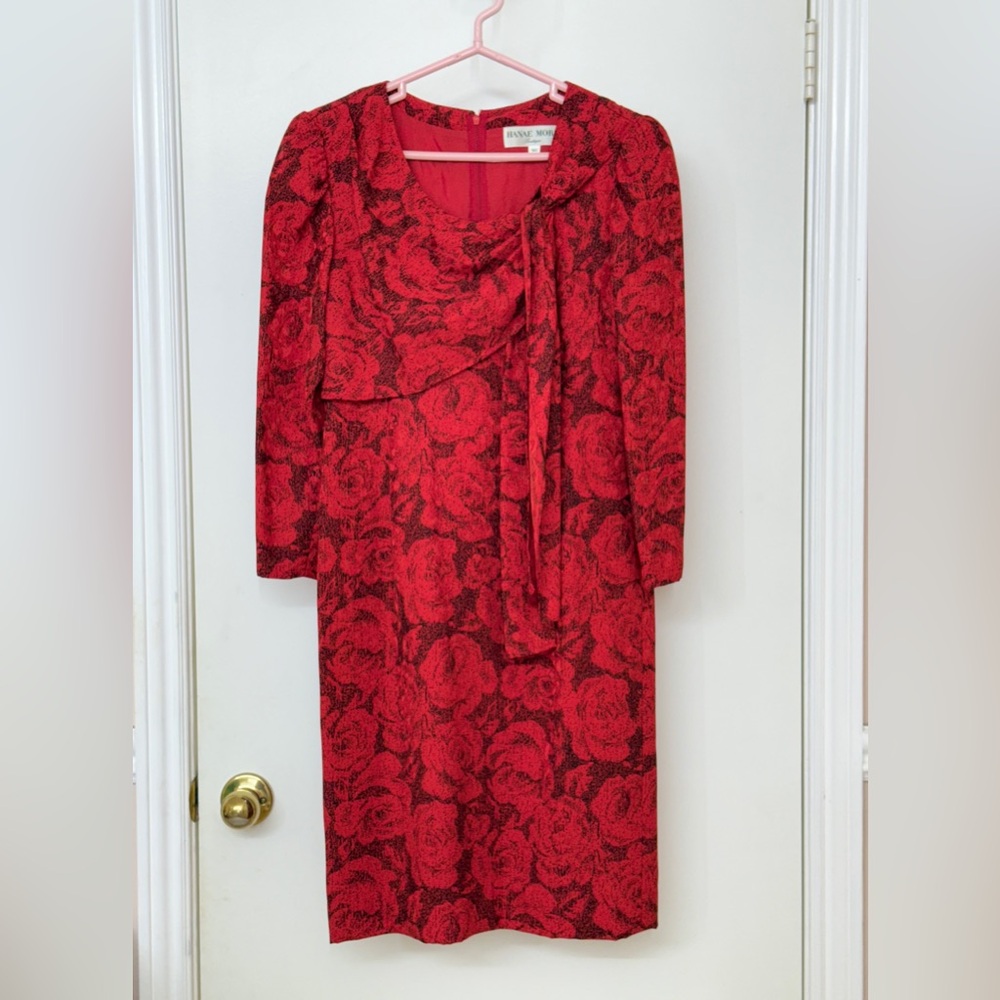 HANAE MORI Women Vintage Dress, Red Floral, Long Sleeve, Size 4-6 (JP 9)